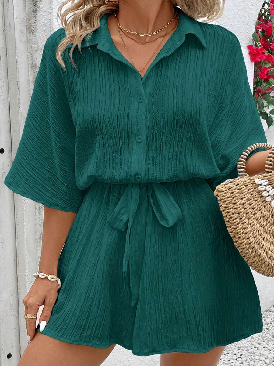 SHEIN VCAY Plus Size Women Solid Color Batwing Sleeve Casual Romper, Summer