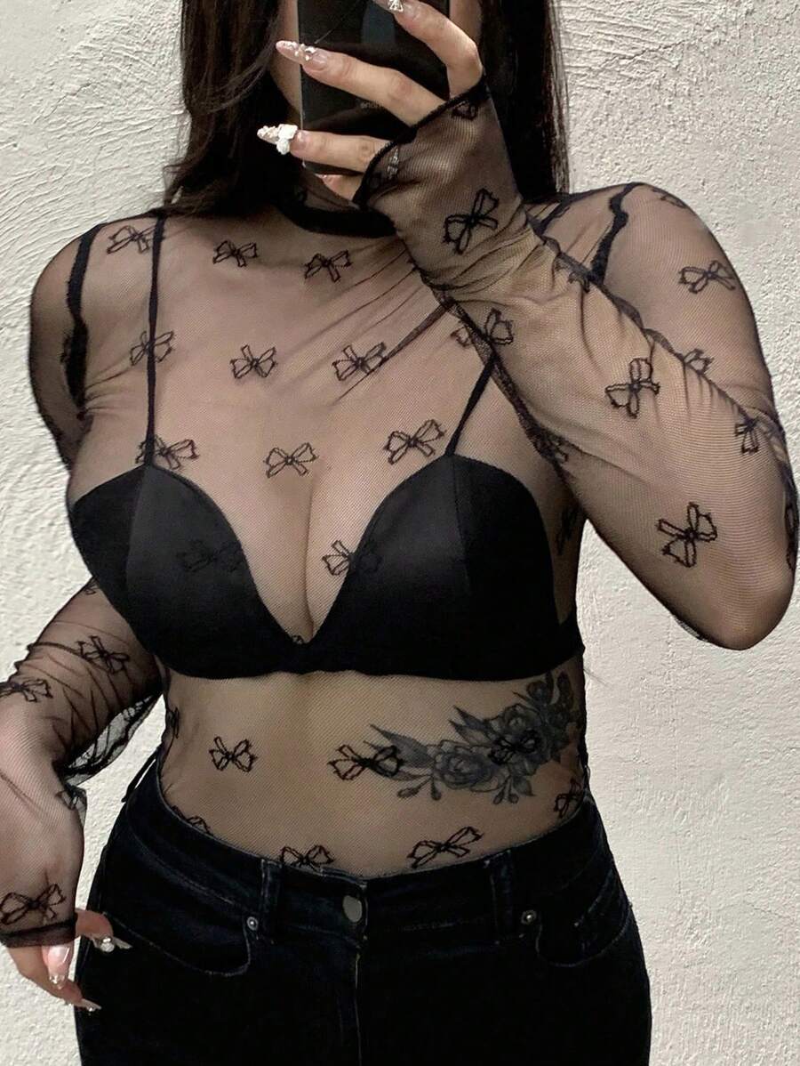 DAZY Plus Size Mesh Bow Print Sheer Sexy Blouse Club Long Sleeve Women Tops,Fall Women Clothes - Black - View 1