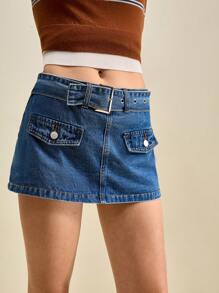 Muvela 女式蓝色牛仔短裙带口袋，低腰迷你裙裤配腰带，INS风，休闲学院风 - 中等水洗藍 - 查看 4