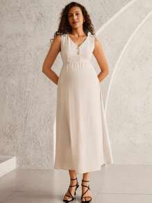 MaterniWear Khaki V-Neck Open Front Sleeveless Casual Work/Office Maternity Dress  Old Money Style Women  Business Casual Woman