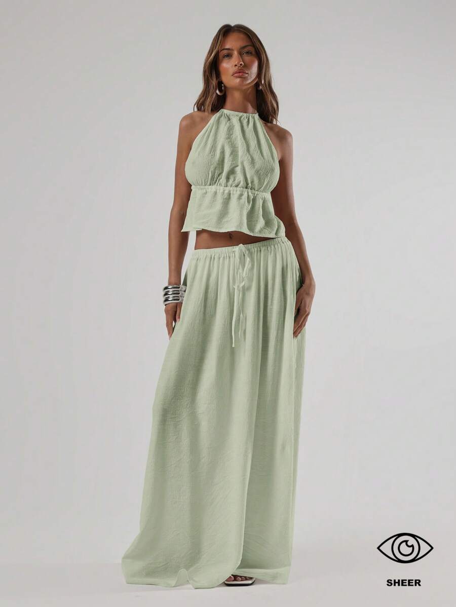 Musera Resort 低腰抽绳飘逸优雅性感超长裙海滩度假罩衫春夏季假期 - 綠色 - 查看 1