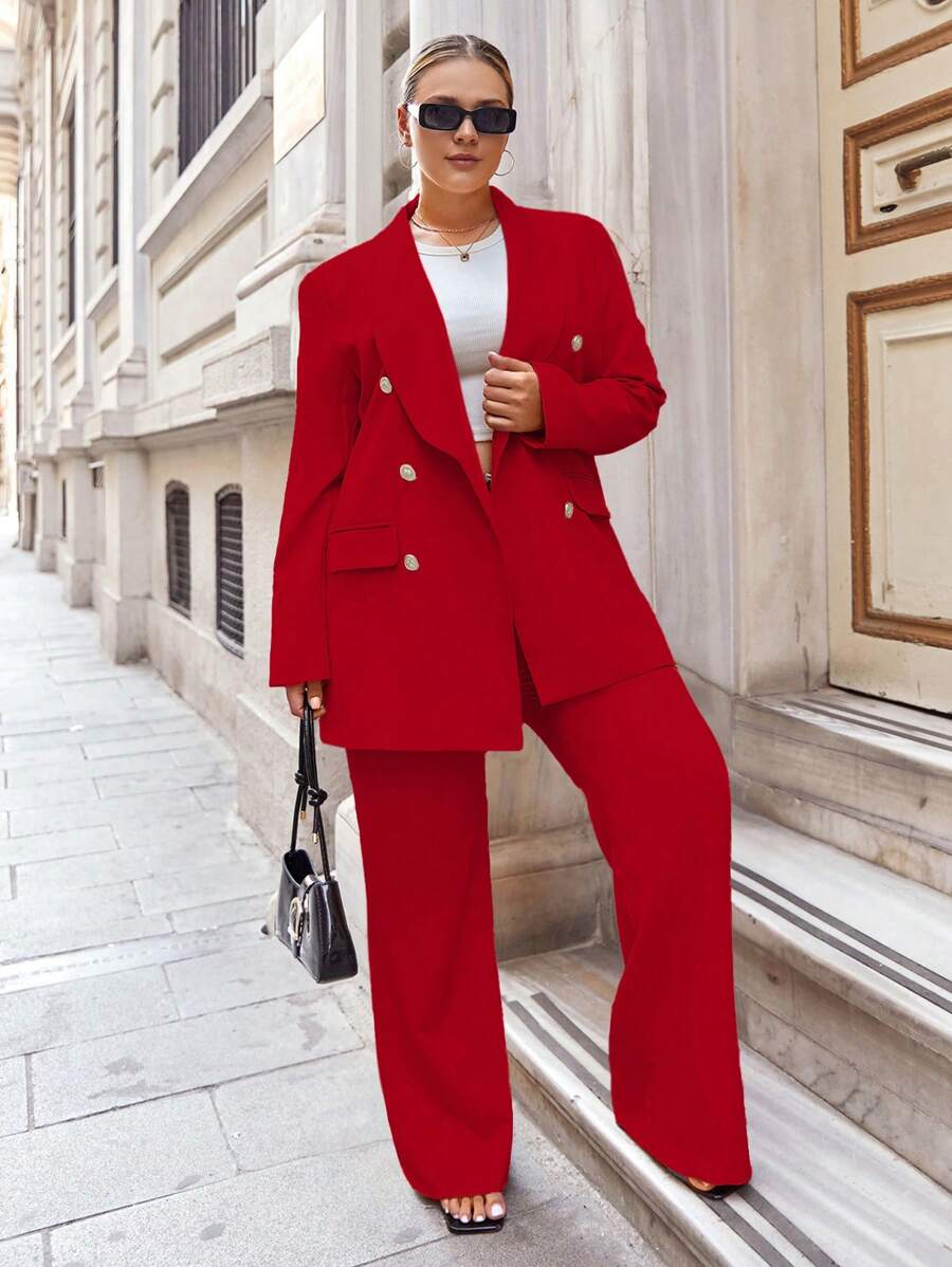 EURMUSE Women's Plus Size Simple Solid Color Daily Suit Set - Red - View 1