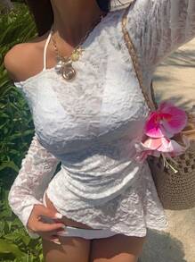 DAZY 新款春夏不对称肩部甜美休闲海滩度假不对称上衣女士上衣 - 白色 - 查看 5