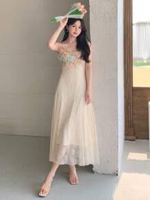 DAZY Women's Korean Style Summer Heavy Floral Decor Romantic Garden Lace Midi Dress