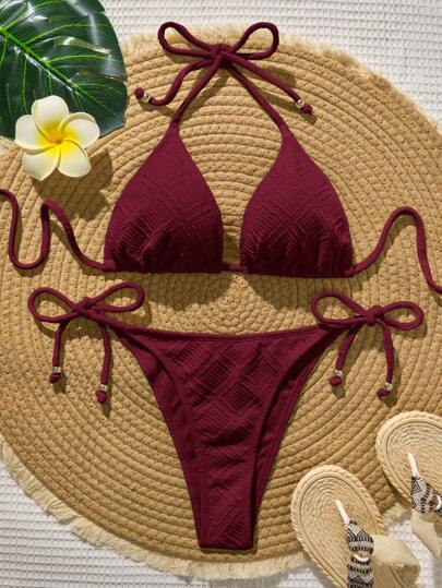 Bellisia Women's Solid Color Halter Tie Sexy Bikini Swimsuit Set, Summer Beach