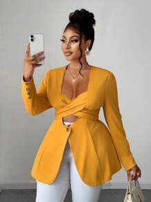 Maweii Plus Size Blazers, Solid Color With Button Detail And Side Split Design, Long Sleeve Graduation,Back To School,Teacher Outfits For Women