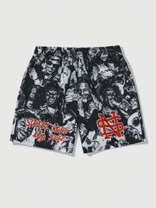 ROMWE MEN Street Life Men's Printed Woven Shorts, Suitable For Daily Wear, Spring/Summer - Black - View 1