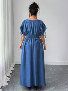 Elenzga Robe longue ample femme de grande taille, col V, taille resserrée par cordon, imprimé floral, élégante et casual pour tous les jours - Bleu azur - Voir 2