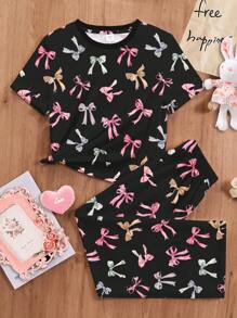 SHEIN Young Girls'' Casual Minimalist Fitted Crew Neck Short Sleeve Pants Home Wear, Suitable For Summer - Multicolor - View 4