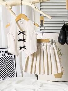 Elladie kids 少女蝴蝶结 V 领无袖上衣和百褶迷你裙两件套 - 杏色 - 查看 3