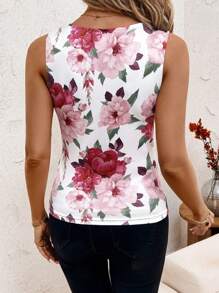 SHEIN Clasi Scalloped Neck Pink Floral Romantic Fitted Cami,Summer Tops - Hot Pink - View 2