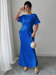 Elenzga 大码女式春夏优雅法式时尚奢华办公室、约会、通勤、休闲、度假、下午茶 V 领交叉腰鱼尾下摆二合一短袖缎面正式长裙