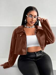 Maweii Plus Size damska skórzana seksowna krótka kurtka z długim rękawem - Rdzawy brązowy - Zobacz 1