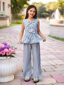 SHEIN Leap Crew Conjunto de 2 piezas para niñas preadolescentes con blusa sin mangas de cuello redondo con volantes y rayas + pantalones anchos de pierna suelta, para uso casual de resort - Azul - Ver 1