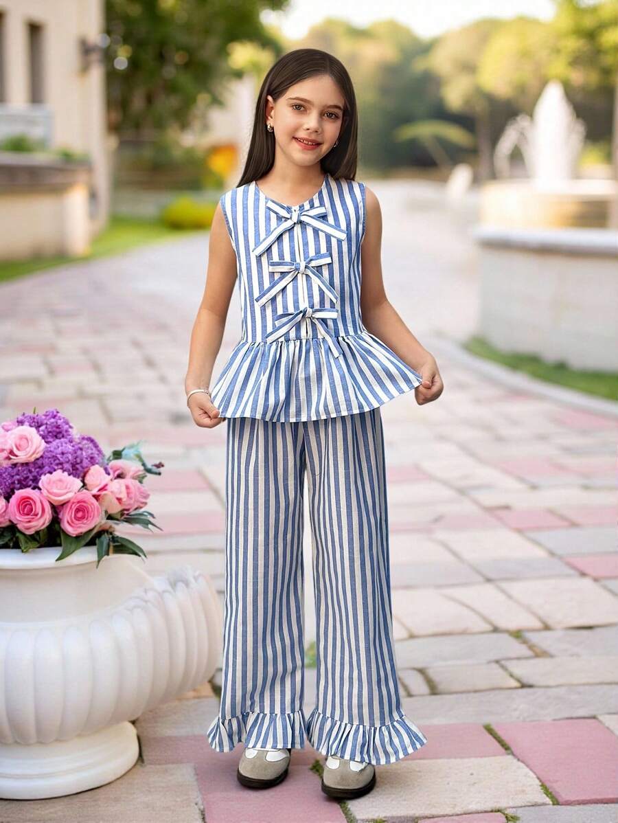 SHEIN Leap Crew Conjunto de 2 piezas para niñas preadolescentes con blusa sin mangas de cuello redondo con volantes y rayas + pantalones anchos de pierna suelta, para uso casual de resort - Azul - Ver 1