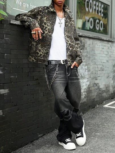 Manfinity EMRG 男士长袖豹纹拉链牛仔夹克，秋季款