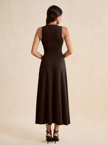 SHEIN Tall 女式纯色侧褶长裙 - 棕色 - 查看 2