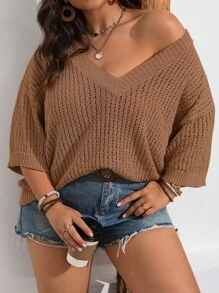 Franclia Maglione pullover taglia comoda, tinta unita, modello taglie forti con lavorazione traforata