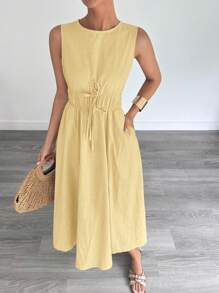Siren Gaze Woman's Sleeveless A-Line Long Linen Dress, Spring/Summer New Year Casual - Yellow - View 2