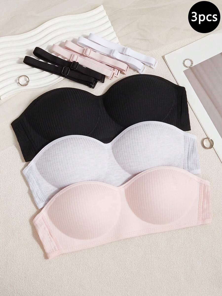 Set de 3 sujetadores inalámbricos con tirantes delgados y desmontables de unicolor, adecuados para niñas y estudiantes para uso casual y deportivo - Multicolor - Ver 1