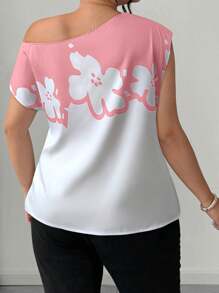 Elenzga Plus Size Asymmetric Collar Ruched Print Short Sleeve Blouse, Summer - Pink - View 2