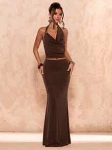 SHEIN BAE Summer Women's Clothing Halter Neck Metal Button Decoration Shiny Top & Hip Fishtail Women's Skirt/Two Pieces Set Women/Elegant Two Pieces Suit/Vacation Two-Piece Suits/Birthday Ladies Outfits/ Brown Two-Piece Set