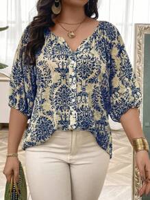 SHEIN LUNE Plus Size Women's Plant Print Lantern Sleeve Button Down Casual Shirt