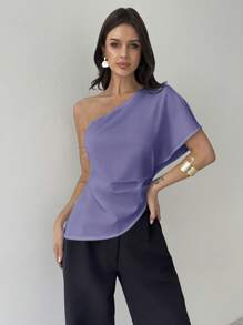 Firerie Blusa modesta, casual y elegante para trabajo y boda, primavera/verano, con un hombro, fruncido, bajo asimétrico, de tela texturizada, color blanco - Neblina azul - Ver 3