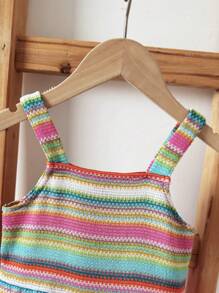 Loomiva Young Girls Rainbow Stripe Patchwork Knitted Waist Tight Casual Vacation Dress, Spring/Summer - Multicolor - View 3