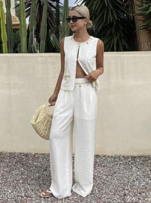 DAZY Bộ 2 chiếc/Bộ áo len không tay đính hạt sequin cho nữ và quần ống rộng bằng vải lanh - Màu be - Xem 6