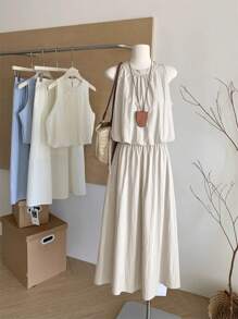 SHEIN LUNE 女士休闲纯色夏季户外日常基础款街头度假无袖上衣和半裙两件套，夏季女士休闲服装，女士度假服装，女士机场穿搭 - 卡其色 - 查看 1