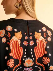 CAJUNI 女式荷叶边度假印花衬衫 - 黑色 - 查看 3