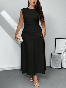 Firerie Plus Size Elegant Comfortable Casual Minimalist Round Neck Cinched Waist A-Line Irregular Ruched Hem Long Dress, White, Sleeveless,Wedding Guest Dress Women