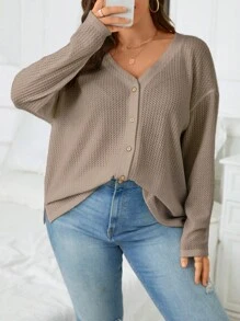 SHEIN LUNE Áo thun Plus size Nút phía trước màu trơn Giải trí - Màu nâu  Mocha - Xem 6