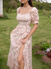 Modelyn 女士花卉印花甜心领泡泡袖优雅连衣裙 - 淡紫色 - 查看 7