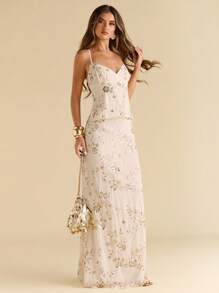 SHEIN BAE 纯色粉彩提花无袖吊带衫，度假风吊带背心，提花上衣，适合春夏穿着 - 杏色 - 查看 4