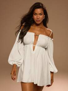 Swim Chiccia 女士 V 领沙滩罩衫裙，珍珠装饰，荷叶边，露肩灯笼袖，度假长裙 - 白色 - 查看 4