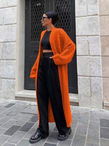 SHEIN Cottnline Cable Knit Drop Shoulder Duster Cardigan - Orange - View 6