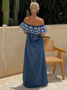 Livesso Váy hè hở vai thêu hoa giản dị cho nữ đi nghỉ mát - Màu xanh lam - Xem 2