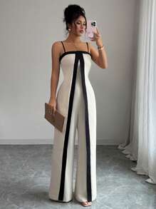 Rafferiza 女式夏季简约撞色连体裤 - 杏色 - 查看 4