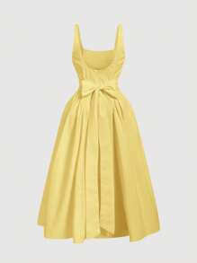 SHEIN MOD 加大码白色细肩带连衣裙，背部蝴蝶结装饰，正式活动礼服，女式白色露背蝴蝶结长裙，夏季白色连衣裙，毕业礼服，女士早午餐服装，飘逸连衣裙，紧身胸衣连衣裙 - 黃色 - 查看 2