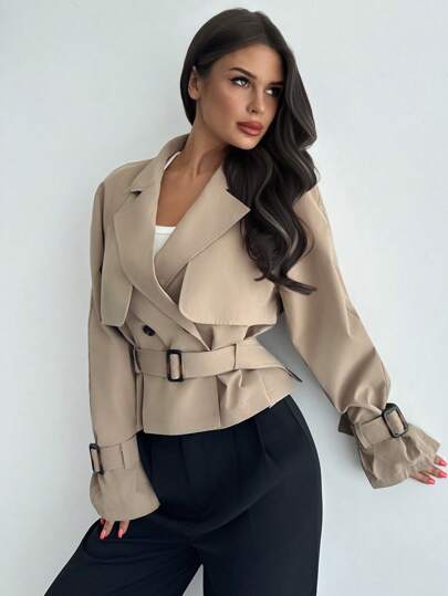 Firerie Women's Elegent Khaki Trench Coat,Autumn Office Business Casual Belted Jacket,Old Money Style V-Neck Waist Suit Linen Blend Long Sleeve Cropped Blazer