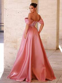 Glamrae 优雅的粉色缎面拼接结构亮片露肩高开衩长裙，背部可调节，适合婚礼、场合、度假、毕业典礼、派对和正式活动，派对礼服、长袍，适合晚会、婚礼宾客 - 藕粉色 - 查看 2
