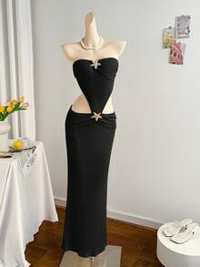 Soleia 金属贝壳装饰海滩度假高腰镂空提花针织连衣裙，美人鱼下摆，女士荷叶边夏季连衣裙 - 黑色 - 查看 5