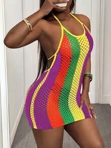 Slaydiva Vestido de suéter mini con tirantes de colores y espalda descubierta para mujer - Multicolor - Ver 6