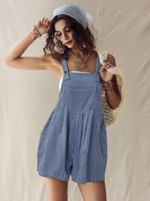 SHEIN LUNE 女士经典条纹休闲连体裤 - 藍色 - 查看 3