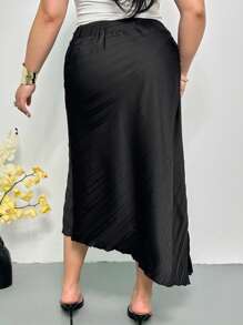 Firerie Women Plus Black Elegant Pleated Asymmetric Hem Skirt,Autumn Night Office Commute Wedding Senior Banquet Birthday Party Siren Style Skirt - Black - View 4