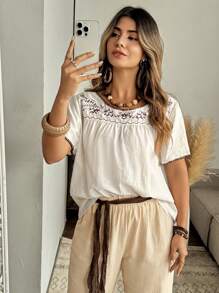 SHEIN LUNE 加大码女式刺绣短袖圆领衬衫上衣，花卉刺绣饰边加大码休闲优雅衬衫 - 杏色 - 查看 5