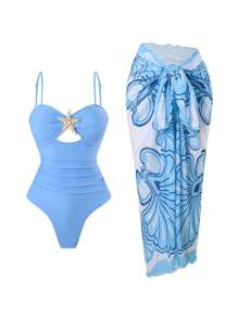 Swim Oasis 女士夏季海滩度假镂空海星装饰褶饰收腹连体泳衣，搭配系腰超长裙 - 藍色 - 查看 3
