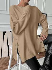 EURMUSE Side Snap Button Crew Neck Casual Pullover Sweatshirt, Simple & Fashionable For Daily Wear - Camel - View 5